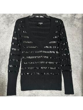 Express Sequin Striped Sweater Womens Small Black V-Neck Ribbed Knit Pullover